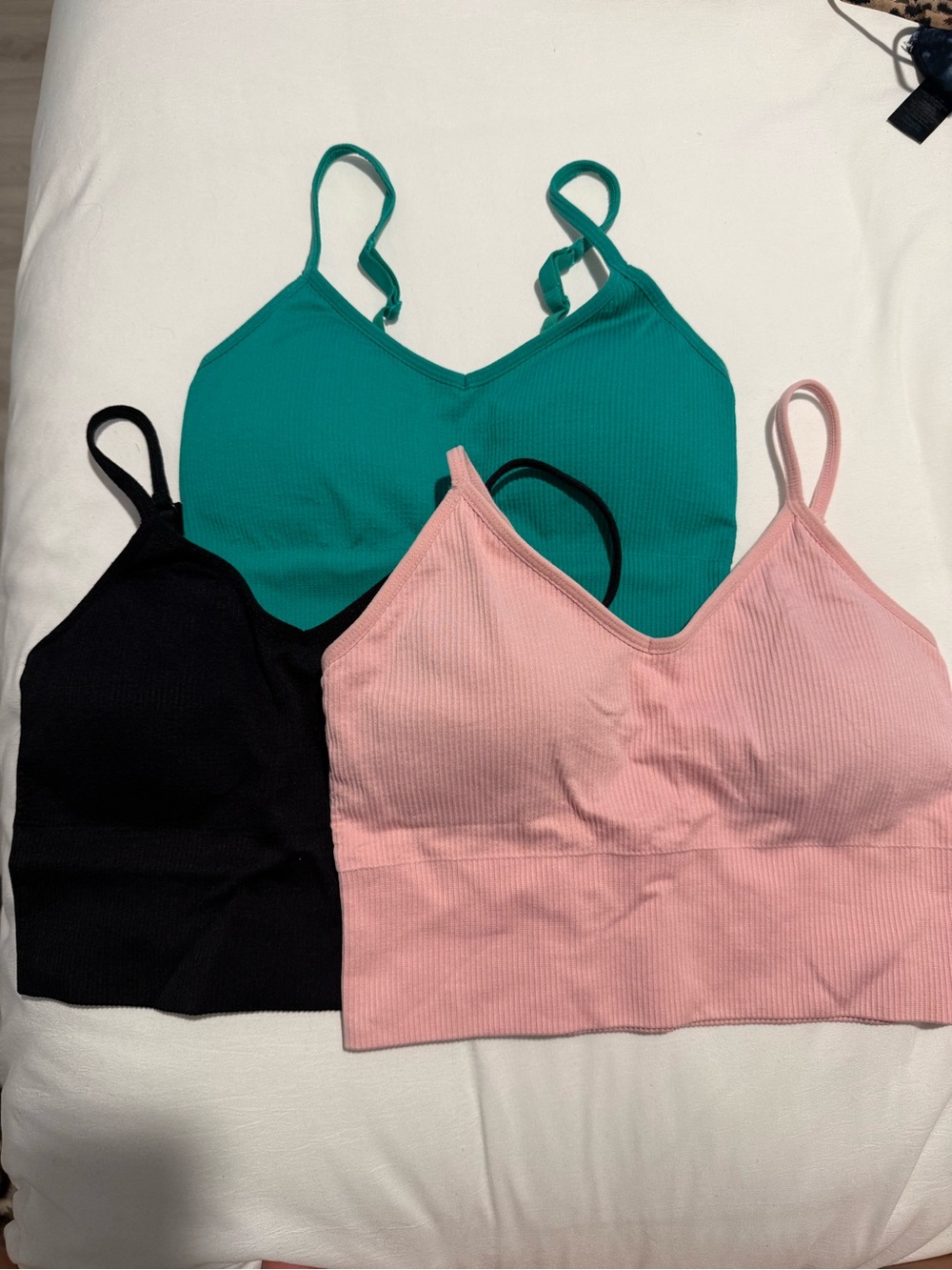 Zella Ribbed Bralette Trio in Pink, Teal & Black